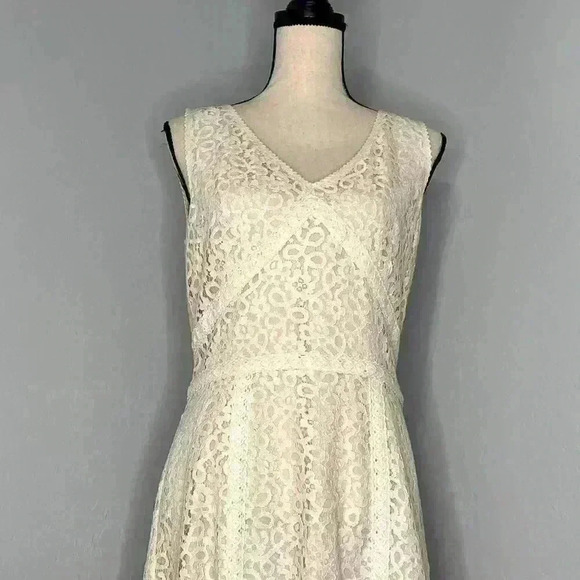 Ann Taylor Cream Lace Sleeveless Light Pink Underlay Lining Sleeveless Dress 10 - Picture 2 of 7
